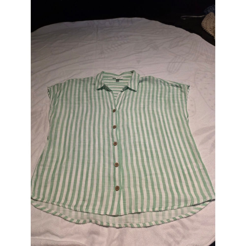 Beachlunchlounge Mint Green White Striped Button Down Sleeveless Blouse Large